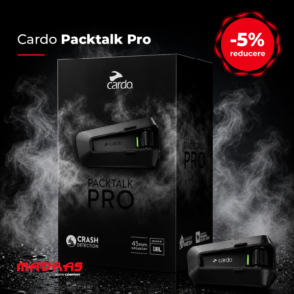 Sistem Comunicare Moto Cardo Packtalk Pro (PTP00001) — Detectare Automată a Accidentelor, Sound by JBL 45mm, DMC Gen.2, 15 Piloți, 2
