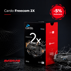Sistem Comunicare Moto Cardo Freecom 2X (FRC2X003) — Bluetooth 5.2, Sound by JBL, Intercom Live 2 Piloți, Rază 800 m, Impermeabil