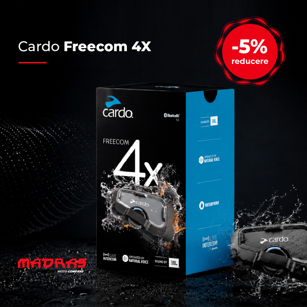 Sistem Comunicare Moto Cardo Freecom 4X (FRC4X003) — Bluetooth 5.2, Sound by JBL, Intercom Live 4 Piloți, Rază 1,2 km, Comandă Vocală, 2