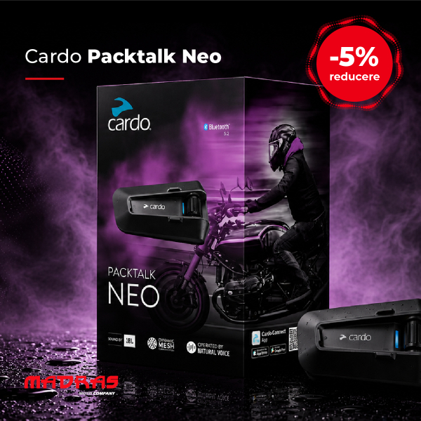 Sistem Comunicare Moto Cardo Packtalk Neo — DMC Gen.2, Sound by JBL, Intercom 15 Piloți, IP67, 2